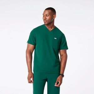 FIGS Mens Leon V-Neck Scrub Top Hunter Green Technical Collection Size M Flawed